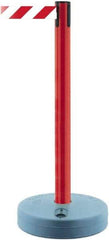 Tensator - 38" High, 2-1/2" Pole Diam, Barricade Tape Dispenser - 14" Base Diam, Round Plastic Base, Red Polymer Post, 7-1/2' x 1-7/8" Tape, Single Line Tape, For Outdoor Use - Benchmark Tooling