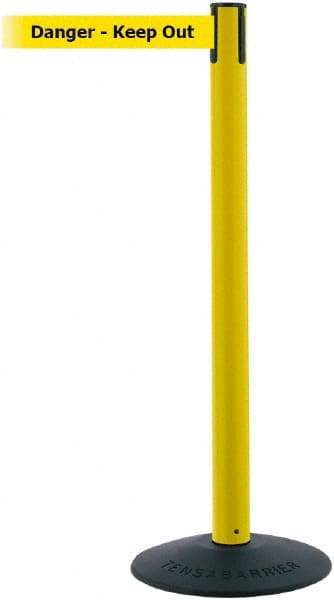 Tensator - 38" High, 2-1/2" Pole Diam, Barricade Tape Dispenser - 14" Base Diam, Round Stainless Steel Base, Black Polymer Post, 7-1/2' x 1-7/8" Tape, Single Line Tape, For Outdoor Use - Benchmark Tooling