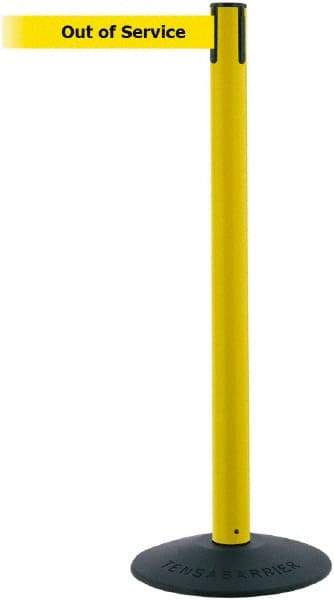 Tensator - 38" High, 2-1/2" Pole Diam, Barricade Tape Dispenser - 14" Base Diam, Round Stainless Steel Base, Black Polymer Post, 7-1/2' x 1-7/8" Tape, Single Line Tape, For Outdoor Use - Benchmark Tooling