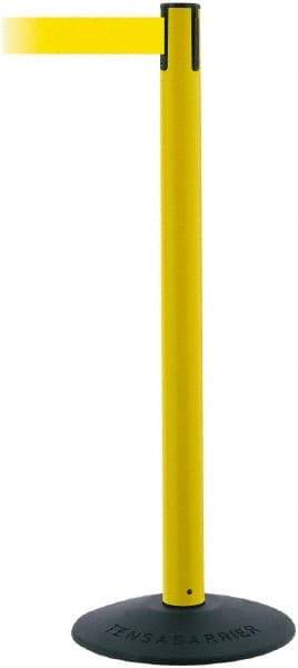 Tensator - 38" High, 2-1/2" Pole Diam, Barricade Tape Dispenser - 14" Base Diam, Round Stainless Steel Base, Black Polymer Post, 7-1/2' x 1-7/8" Tape, Single Line Tape, For Outdoor Use - Benchmark Tooling