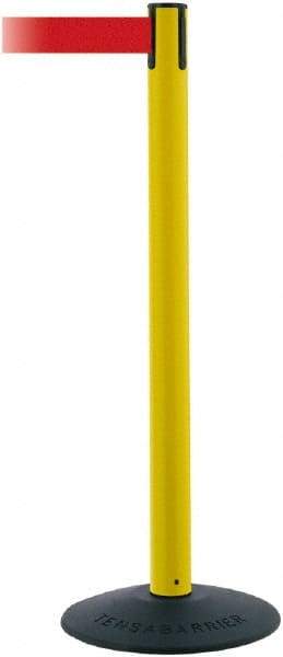 Tensator - 38" High, 2-1/2" Pole Diam, Barricade Tape Dispenser - 14" Base Diam, Round Stainless Steel Base, Black Polymer Post, 7-1/2' x 1-7/8" Tape, Single Line Tape, For Outdoor Use - Benchmark Tooling