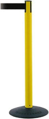 Tensator - 38" High, 2-1/2" Pole Diam, Barricade Tape Dispenser - 14" Base Diam, Round Stainless Steel Base, Yellow Polymer Post, 7-1/2' x 1-7/8" Tape, Single Line Tape, For Outdoor Use - Benchmark Tooling