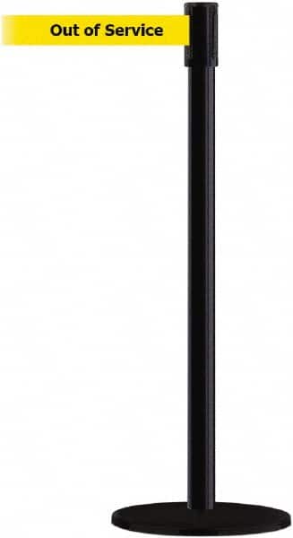 Tensator - 38" High, 2" Pole Diam, Barricade Tape Dispenser - 14" Base Diam, Round Plastic Base, Black Steel Post, 13' x 1-7/8" Tape, Single Line Tape, For Outdoor Use - Benchmark Tooling