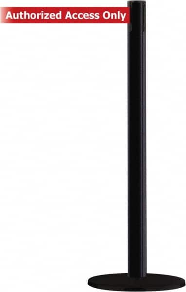 Tensator - 38" High, 2-1/2" Pole Diam, Barricade Tape Dispenser - 14" Base Diam, Round Stainless Steel Base, Black Steel Post, 13' x 1-7/8" Tape, Single Line Tape, For Outdoor Use - Benchmark Tooling