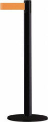 Tensator - 38" High, 2-1/2" Pole Diam, Barricade Tape Dispenser - 14" Base Diam, Round Stainless Steel Base, Black Steel Post, 13' x 1-7/8" Tape, Single Line Tape, For Outdoor Use - Benchmark Tooling