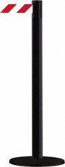 Tensator - 38" High, 2-1/2" Pole Diam, Barricade Tape Dispenser - 14" Base Diam, Round Stainless Steel Base, Black Steel Post, 13' x 1-7/8" Tape, Single Line Tape, For Outdoor Use - Benchmark Tooling