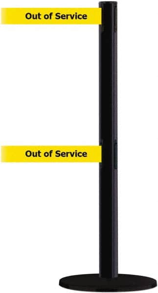 Tensator - 38" High, 2-1/2" Pole Diam, Barricade Tape Dispenser - 14" Base Diam, Round Plastic Base, Black Steel Post, 13' x 1-7/8" Tape, Dual Line Tape, For Outdoor Use - Benchmark Tooling