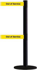 Tensator - 38" High, 2-1/2" Pole Diam, Barricade Tape Dispenser - 14" Base Diam, Round Plastic Base, Black Steel Post, 13' x 1-7/8" Tape, Dual Line Tape, For Outdoor Use - Benchmark Tooling