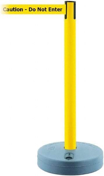 Tensator - 38" High, 2-1/2" Pole Diam, Barricade Tape Dispenser - 14" Base Diam, Round Plastic Base, Yellow Polymer Post, 7-1/2' x 1-7/8" Tape, Single Line Tape, For Outdoor Use - Benchmark Tooling