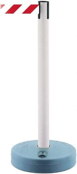 Tensator - 38" High, 2-1/2" Pole Diam, Barricade Tape Dispenser - 14" Base Diam, Round Plastic Base, White Polymer Post, 7-1/2' x 1-7/8" Tape, Single Line Tape, For Outdoor Use - Benchmark Tooling