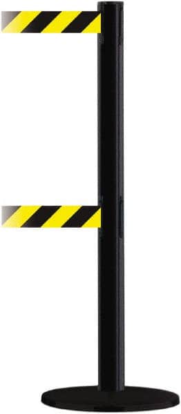 Tensator - 38" High, 2-1/2" Pole Diam, Barricade Tape Dispenser - 14" Base Diam, Round Plastic Base, Black Steel Post, 13' x 1-7/8" Tape, Dual Line Tape, For Outdoor Use - Benchmark Tooling