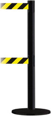 Tensator - 38" High, 2-1/2" Pole Diam, Barricade Tape Dispenser - 14" Base Diam, Round Plastic Base, Black Steel Post, 13' x 1-7/8" Tape, Dual Line Tape, For Outdoor Use - Benchmark Tooling