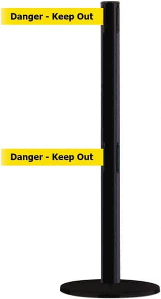 Tensator - 38" High, 2-1/2" Pole Diam, Barricade Tape Dispenser - 14" Base Diam, Round Plastic Base, Black Steel Post, 13' x 1-7/8" Tape, Dual Line Tape, For Outdoor Use - Benchmark Tooling