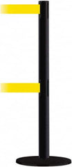 Tensator - 38" High, 2-1/2" Pole Diam, Barricade Tape Dispenser - 14" Base Diam, Round Plastic Base, Black Steel Post, 13' x 1-7/8" Tape, Dual Line Tape, For Outdoor Use - Benchmark Tooling