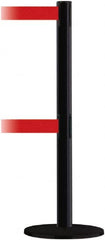 Tensator - 38" High, 2-1/2" Pole Diam, Barricade Tape Dispenser - 14" Base Diam, Round Plastic Base, Black Steel Post, 13' x 1-7/8" Tape, Dual Line Tape, For Outdoor Use - Benchmark Tooling