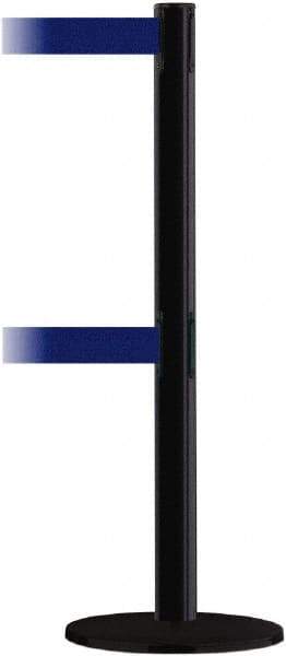 Tensator - 38" High, 2-1/2" Pole Diam, Barricade Tape Dispenser - 14" Base Diam, Round Plastic Base, Black Steel Post, 13' x 1-7/8" Tape, Dual Line Tape, For Outdoor Use - Benchmark Tooling