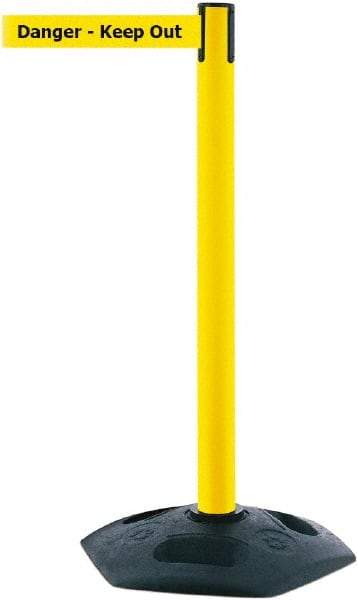 Tensator - 38" High, 2-1/2" Pole Diam, Barricade Tape Dispenser - 14" Base Diam, Round Rubber Base, Yellow Polymer Post, 7-1/2' x 1-7/8" Tape, Single Line Tape, For Outdoor Use - Benchmark Tooling