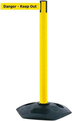 Tensator - 38" High, 2-1/2" Pole Diam, Barricade Tape Dispenser - 14" Base Diam, Round Rubber Base, Yellow Polymer Post, 7-1/2' x 1-7/8" Tape, Single Line Tape, For Outdoor Use - Benchmark Tooling
