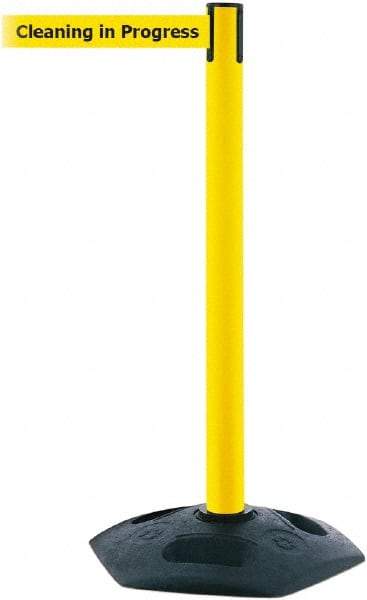 Tensator - 38" High, 2-1/2" Pole Diam, Barricade Tape Dispenser - 14" Base Diam, Round Rubber Base, Yellow Polymer Post, 7-1/2' x 1-7/8" Tape, Single Line Tape, For Outdoor Use - Benchmark Tooling