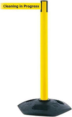 Tensator - 38" High, 2-1/2" Pole Diam, Barricade Tape Dispenser - 14" Base Diam, Round Rubber Base, Yellow Polymer Post, 7-1/2' x 1-7/8" Tape, Single Line Tape, For Outdoor Use - Benchmark Tooling