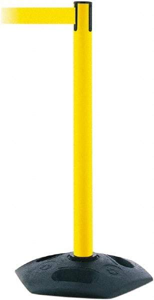 Tensator - 38" High, 2-1/2" Pole Diam, Barricade Tape Dispenser - 14" Base Diam, Round Rubber Base, Yellow Polymer Post, 7-1/2' x 1-7/8" Tape, Single Line Tape, For Outdoor Use - Benchmark Tooling