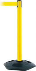 Tensator - 38" High, 2-1/2" Pole Diam, Barricade Tape Dispenser - 14" Base Diam, Round Rubber Base, Yellow Polymer Post, 7-1/2' x 1-7/8" Tape, Single Line Tape, For Outdoor Use - Benchmark Tooling