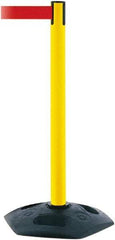 Tensator - 38" High, 2-1/2" Pole Diam, Barricade Tape Dispenser - 14" Base Diam, Round Rubber Base, Yellow Polymer Post, 7-1/2' x 1-7/8" Tape, Single Line Tape, For Outdoor Use - Benchmark Tooling