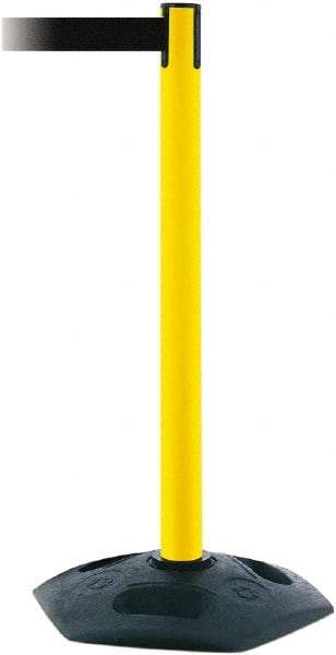Tensator - 38" High, 2-1/2" Pole Diam, Barricade Tape Dispenser - 14" Base Diam, Round Rubber Base, Yellow Polymer Post, 7-1/2' x 1-7/8" Tape, Single Line Tape, For Outdoor Use - Benchmark Tooling