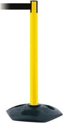 Tensator - 38" High, 2-1/2" Pole Diam, Barricade Tape Dispenser - 14" Base Diam, Round Rubber Base, Yellow Polymer Post, 7-1/2' x 1-7/8" Tape, Single Line Tape, For Outdoor Use - Benchmark Tooling