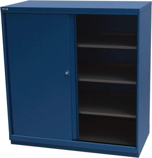 LISTA - 4 Shelf Sliding Door Storage Cabinet - Steel, 56-1/2" Wide x 28-1/2" Deep x 59-1/2" High, Blue - Benchmark Tooling