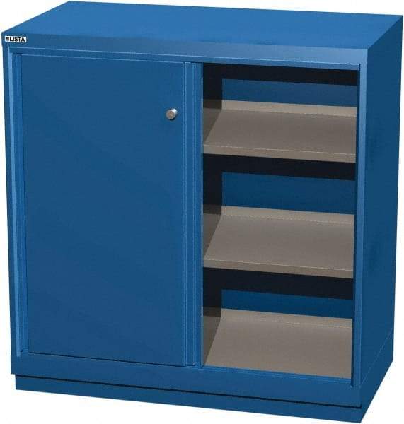 LISTA - 3 Shelf Sliding Door Storage Cabinet - Steel, 40-1/4" Wide x 22-1/2" Deep x 41-3/4" High, Blue - Benchmark Tooling