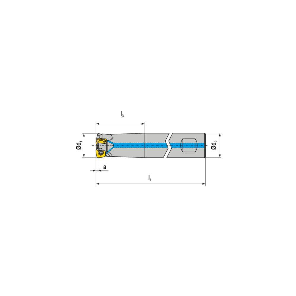 Indexable High-Feed End Mill: 25 mm Cut Dia, 25 mm Weldon Flat Shank Uses 4 XPLX Inserts, 0.8 mm Max Depth, 107 mm OAL, Through Coolant