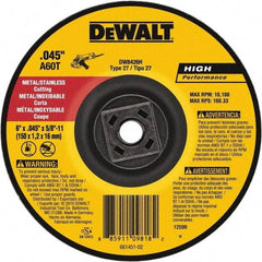 DeWALT - 60 Grit, 6" Wheel Diam, Type 27 Depressed Center Wheel - Aluminum Oxide, Resinoid Bond, 10,100 Max RPM - Benchmark Tooling