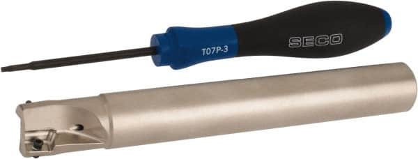 Seco - 3/4" Cut Diam, 0.354" Max Depth of Cut, 3/4" Shank Diam, 5.906" OAL, Indexable Square Shoulder End Mill - XO.X 10T3.. Inserts, Cylindrical Shank, 90° Lead Angle, Through Coolant, Series Turbo 10 - Benchmark Tooling