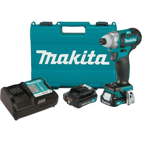 Makita - 12 Volt, 1/4" Drive, 100 Ft/Lb Torque, Cordless Impact Driver - Pistol Grip Handle, 3000 RPM, 2 Lithium-Ion Batteries Included - Benchmark Tooling