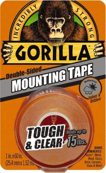 Gorilla Tape - 1" x 60" Acrylic Adhesive Double Sided Tape - 43 mil Thick, Clear, Polyethylene Film Liner, Continuous Roll - Benchmark Tooling