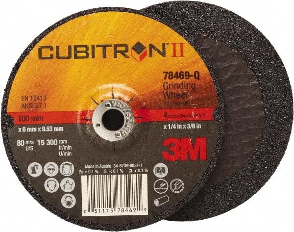 3M - 36 Grit, 4" Wheel Diam, 1/4" Wheel Thickness, 3/8" Arbor Hole, Type 27 Depressed Center Wheel - Coarse Grade, Ceramic, Resinoid Bond, Q Hardness, 15,000 Max RPM, Compatible with Angle Grinder - Benchmark Tooling