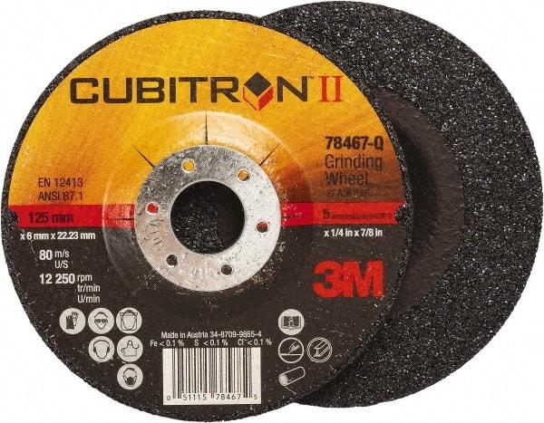 3M - 36 Grit, 5" Wheel Diam, 1/4" Wheel Thickness, 7/8" Arbor Hole, Type 27 Depressed Center Wheel - Coarse Grade, Ceramic, Resinoid Bond, Q Hardness, 12,250 Max RPM, Compatible with Angle Grinder - Benchmark Tooling