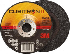 3M - 36 Grit, 5" Wheel Diam, 1/4" Wheel Thickness, 7/8" Arbor Hole, Type 27 Depressed Center Wheel - Coarse Grade, Ceramic, Resinoid Bond, Q Hardness, 12,250 Max RPM, Compatible with Angle Grinder - Benchmark Tooling
