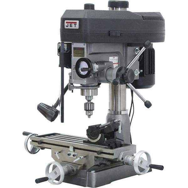 Jet - 1 Phase, 14-1/2" Swing, Step Pulley Mill Drill Combination - 23" Table Length x 7-1/2" Table Width, 14" Longitudinal Travel, 1 hp, 115/230 Volts - Benchmark Tooling