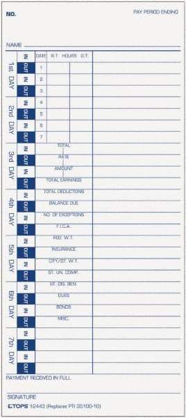 TOPS - 9" High x 4" Wide Weekly Time Cards - White, Use with Pyramid 35100-10 - Benchmark Tooling