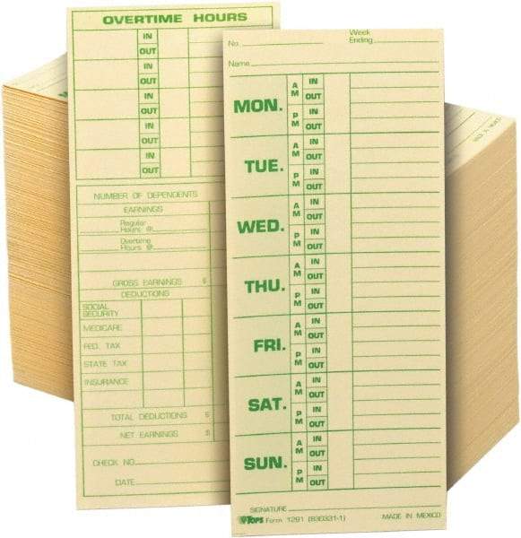 TOPS - 8-1/2" High x 3-1/2" Wide Weekly Time Cards - Manila, Use with Pyramid 331-10 - Benchmark Tooling