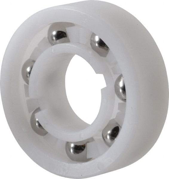 Made in USA - 5/8" Bore Diam, 1-3/8" OD, Open Plastic Race Radial Ball Bearing - 7/16" Wide, 1 Row, Round Bore, 46 Lb Static Capacity, 69 Lb Dynamic Capacity - Benchmark Tooling