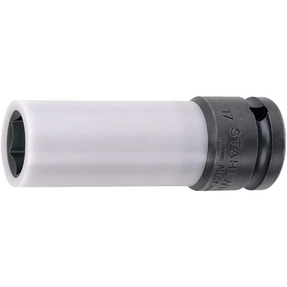 Impact Sockets; Drive Size: 1/2 in; Socket Size (mm): 17; Drive Style: Square; Overall Length (Decimal Inch): 3.5500; Material: Alloy Steel; Finish: Gunmetal; Insulated: No; Non-sparking: No; Deep: Yes; Number Of Points: 6