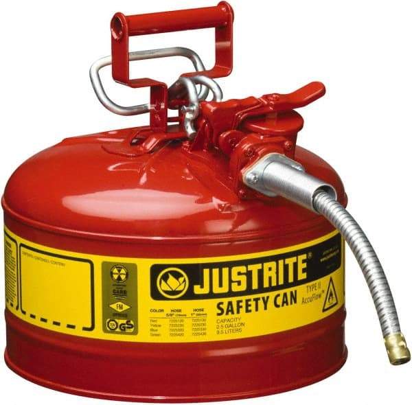 Justrite - 2.5 Gal Galvanized Steel Type II Safety Can - 12" High x 11-3/4" Diam, Red with Yellow - Benchmark Tooling