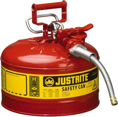 Justrite - 2 Gal Galvanized Steel Type II Safety Can - 13-1/4" High x 9-1/2" Diam, Red with Yellow - Benchmark Tooling