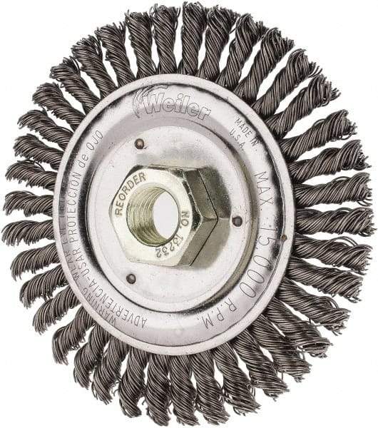 Weiler - 4-1/2" OD, 5/8" Arbor Hole, Knotted Steel Wheel Brush - 3/16" Face Width, 7/8" Trim Length, 0.02" Filament Diam, 12,500 RPM - Benchmark Tooling