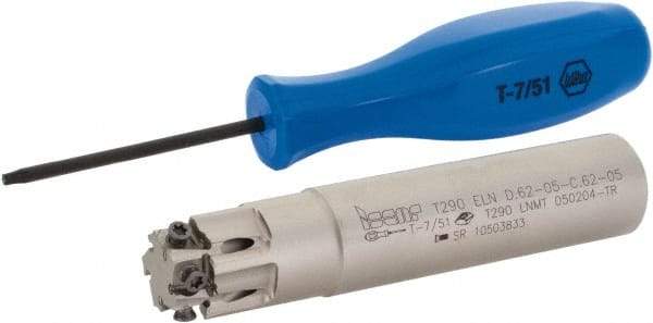Iscar - 5/8" Cut Diam, 0.197" Max Depth of Cut, 5/8" Shank Diam, 3.11" OAL, Indexable Square Shoulder End Mill - T290 LN.T 0502 Inserts, Cylindrical Shank, 90° Lead Angle, Through Coolant, Series SumoMill - Benchmark Tooling