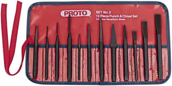 Proto - 12 Piece Punch & Chisel Set - 3/16 to 1/2" Chisel, 3/32 to 3/8" Punch, Hex Shank - Benchmark Tooling