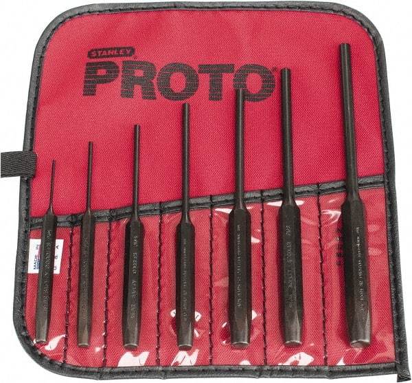 Proto - 7 Piece, 1/16 to 1/4", Pin Punch Set - Hex Shank, Steel, Comes in Tool Roll - Benchmark Tooling